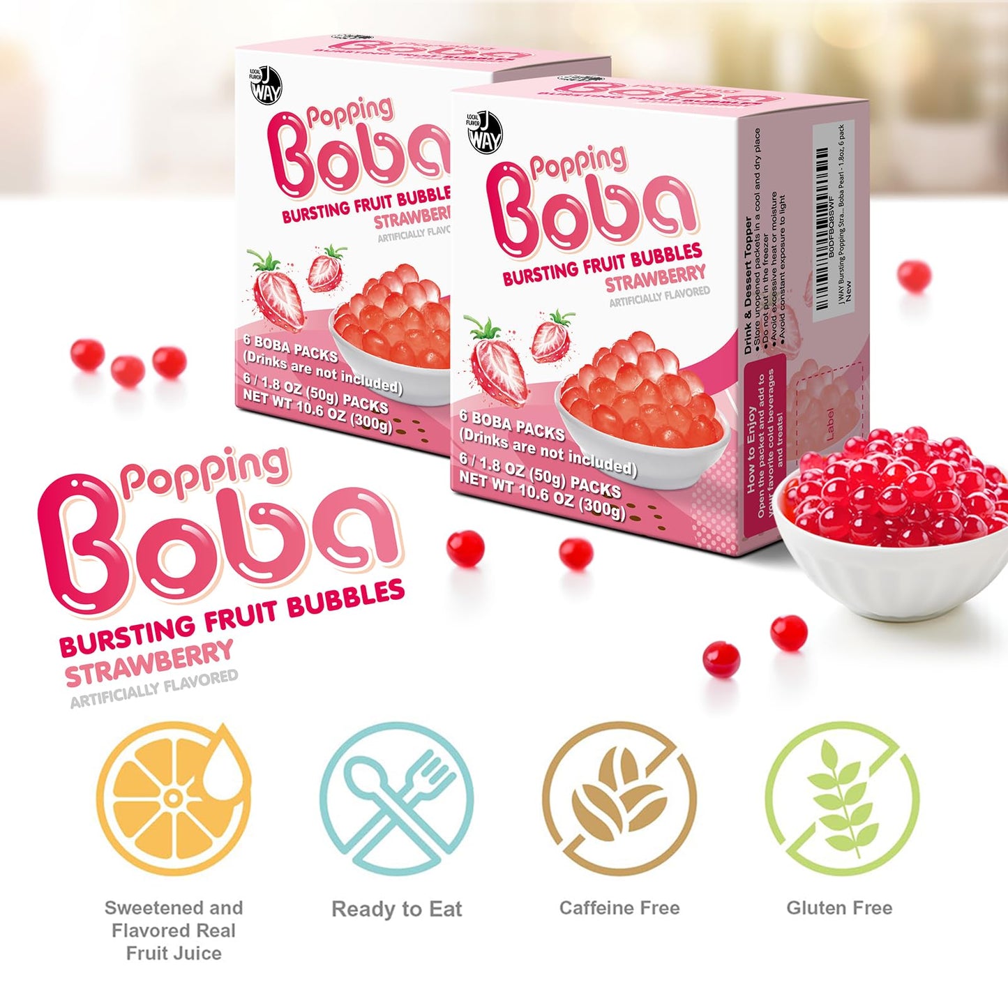 J Way Bursting Popping Strawberry Boba Pearls, Strawberry Syrup, Non-Dairy, Fat-Free Popping Tapioca Boba For Beverages, Sweets,