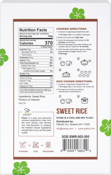 Soeos Sweet Sticky Rice 2Lbs, Premium Glutinous Rice, All Natural Gluten Free Sticky Rice For Desserts Or Rice Cakes, Rich In Fi