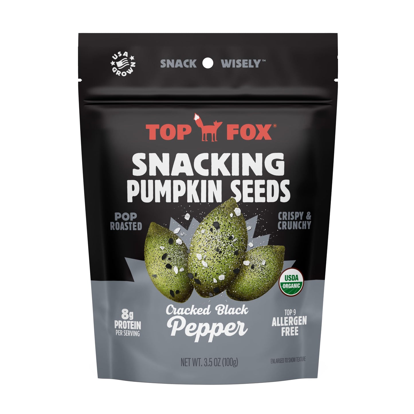 Top Fox Snacks - Organic Pop-Roasted Pumpkin Seeds | Healthy Protein Snacks - Gluten Free - Keto And Vegan Friendly (Salt & Pepper, 3.5 Oz - 2 Pack)