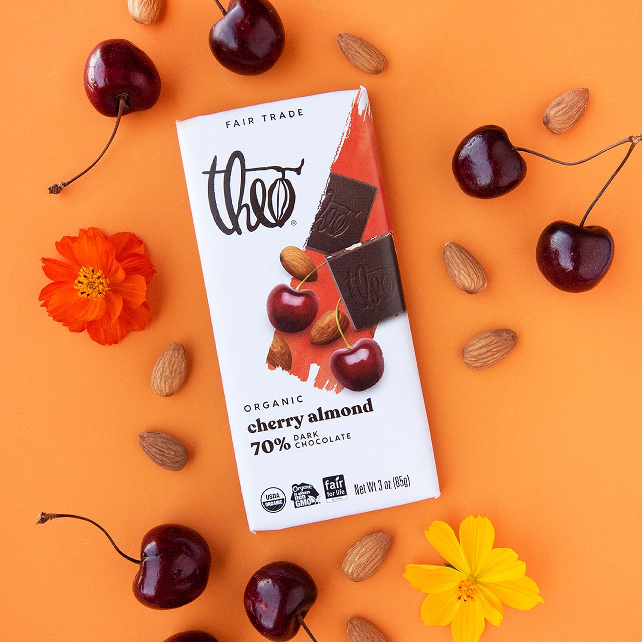 Theo Chocolate Cherry Almond Organic Dark Chocolate Bar, 70% Cacao, 6 Pack | Vegan, Fair Trade