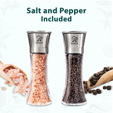 Soeos Salt and Pepper Grinder Set, Organic Whole Black Peppercorns, 3.5oz (100g), Himalayan Pink Salt, 8oz (230g). USDA Organic