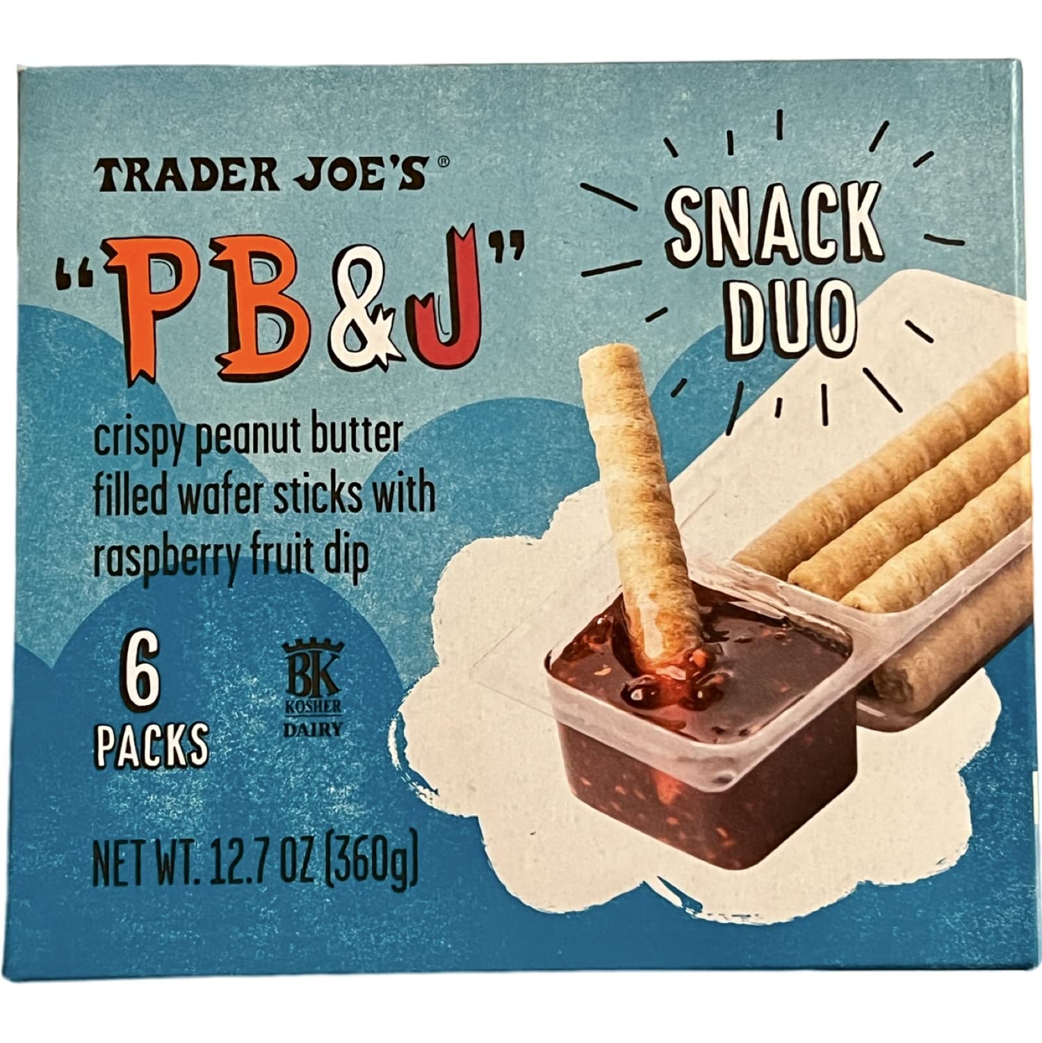 Trader Joes Pb&J Crispy Peanut Butter-Filled Wafer Sticks With Raspberry Fruit Dip, One Box Of 6 Packs, Total 12.7 Oz, 6 Count (