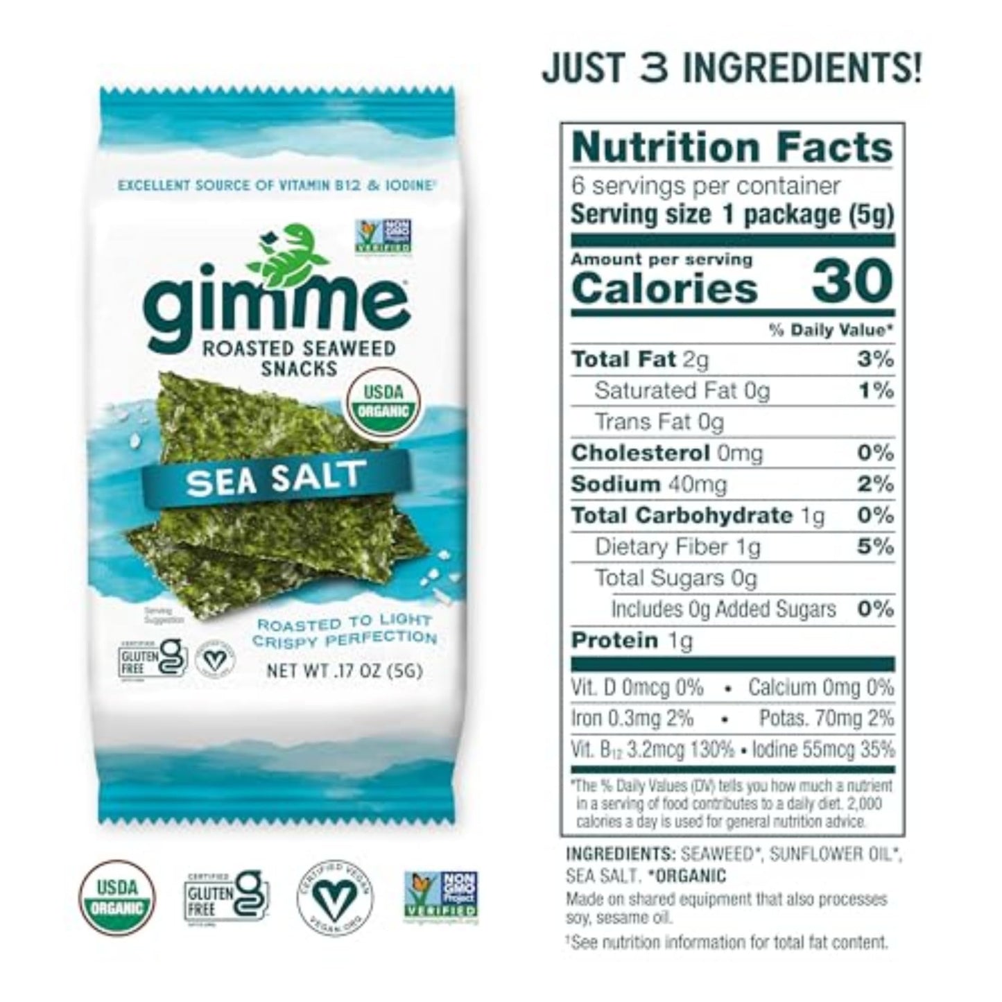 Gimme Seaweed Organic Premium Roasted Seaweed Snacks, Sea Salt, 6 Count, Keto, Vegan, Gluten-Free, Great Source Of Omega3S And I
