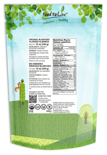 Food to Live Organic Blanched Slivered Almonds, 12 Ounces - Non-GMO, Raw, Unpasteurized, Unsalted, Vegan, Keto, Paleo, Kosher, B