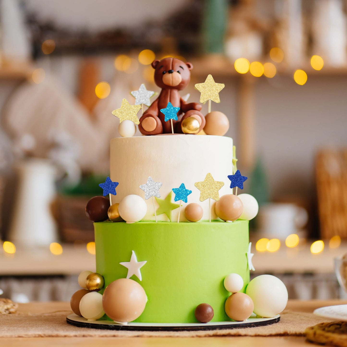 Gyufise 42Pcs Star Cupcake Toppers Gold Silver Blue Glitter Mixed Size Twinkle Little Star Cupcake Picks Decorations For Wedding