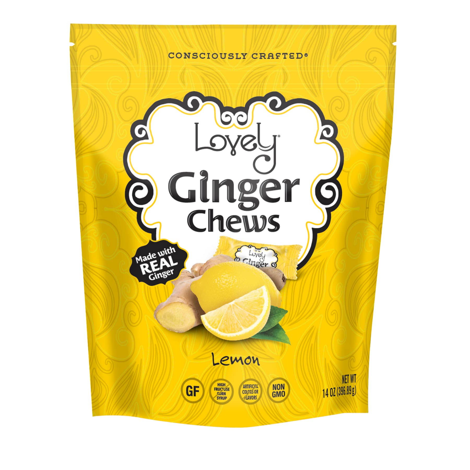 Lovely Candy Co. Lemon Ginger Chews, Made with Real Ginger, Individually Wrapped, 14oz (1-Pack) | Gluten-Free, Non-GMO, NO Artif