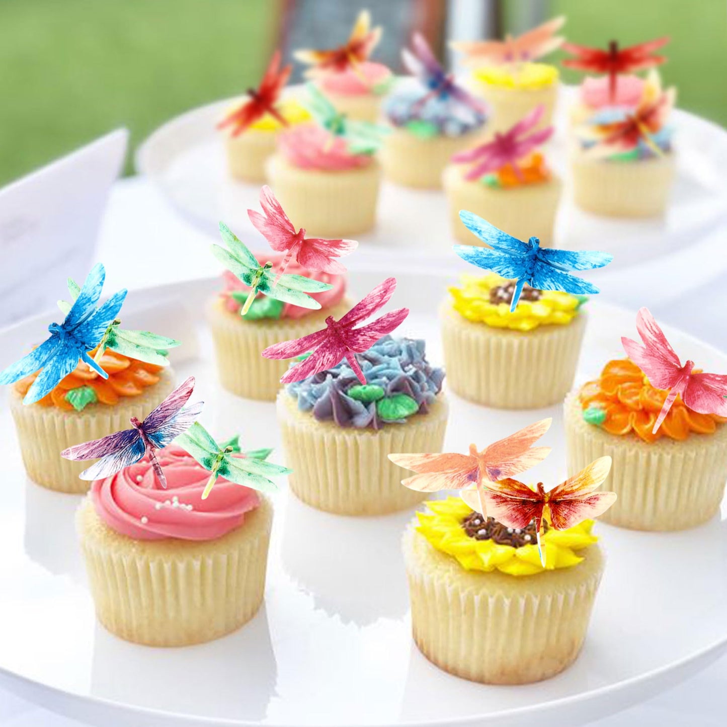 45Pcs Edible Dragonfly Cupcake Toppers Wafer Paper Insect Themed Cake Decoration Drink Topper Wedding Baby Bath Cake Decorations