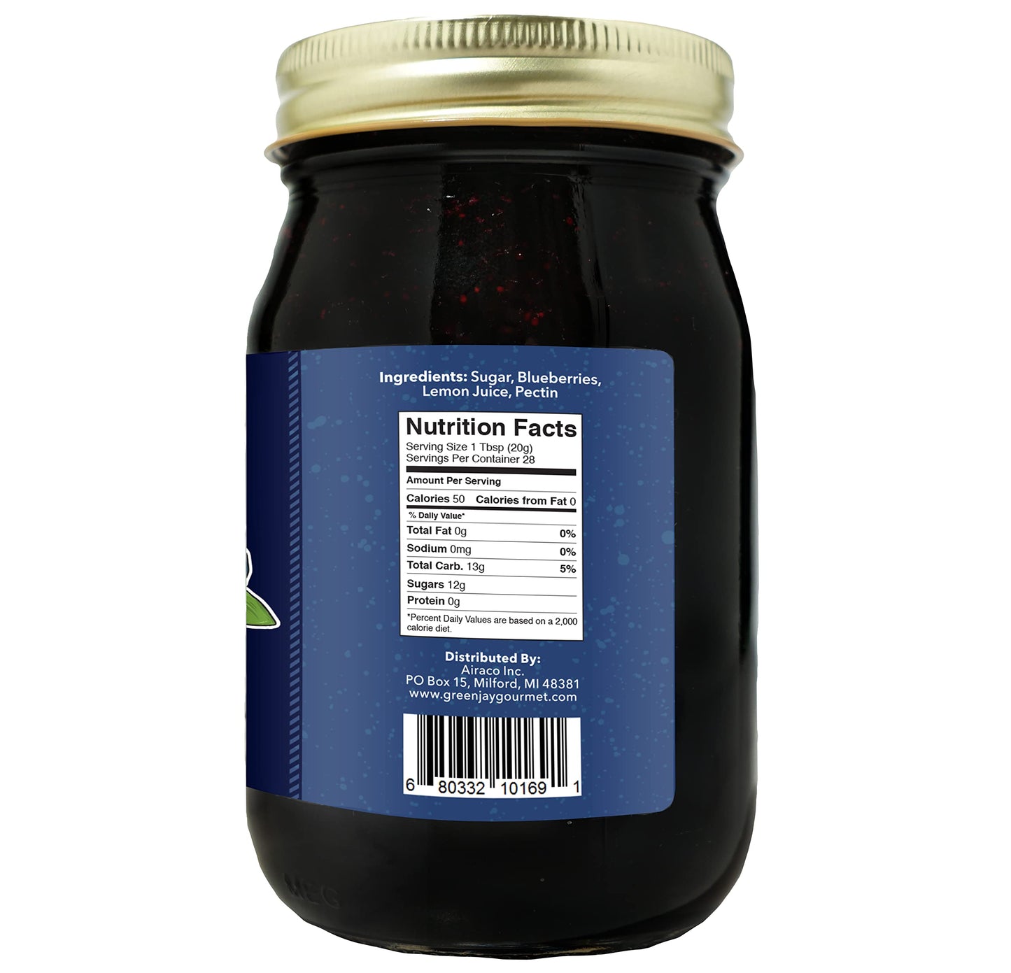 Green Jay Gourmet Blueberry Jam - All-Natural, Vegan, Gluten-Free - 20 Ounces