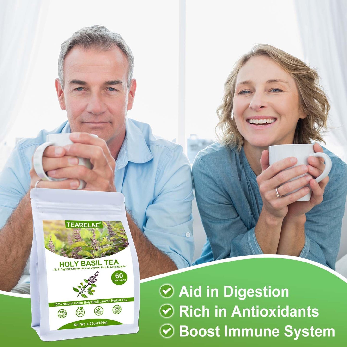 TEARELAE Holy Basil Tea Bags - 100% Pure Natural - 60 Count - Caffeine-Free - Non-GMO - Aids Digestion and Boosts Immunity