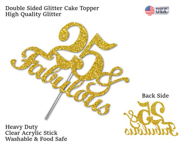 RokAPary 25th Birthday Cake Topper, Gold Glitter, Premium Quality, Acrylic Stick