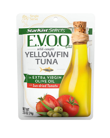 Starkist E.V.O.O. Yellowfin Tuna In Extra Virgin Olive Oil With Tomato Basil, 2.6 Oz, Pack Of 24