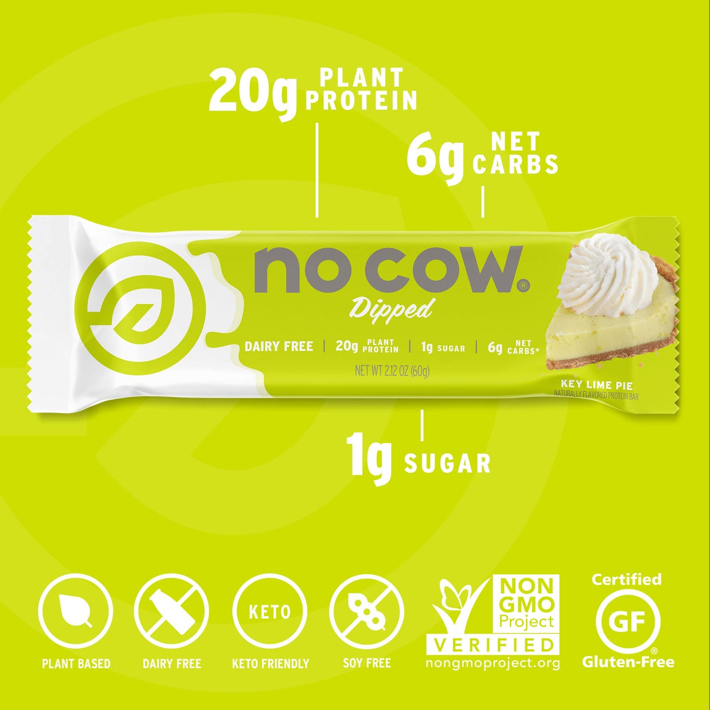 No Cow High Protein Bars, Dipped Key Lime Pie - Healthy Snacks, 20g Vegan Protein, High Fiber, Low Sugar, Keto Friendly, Dairy &