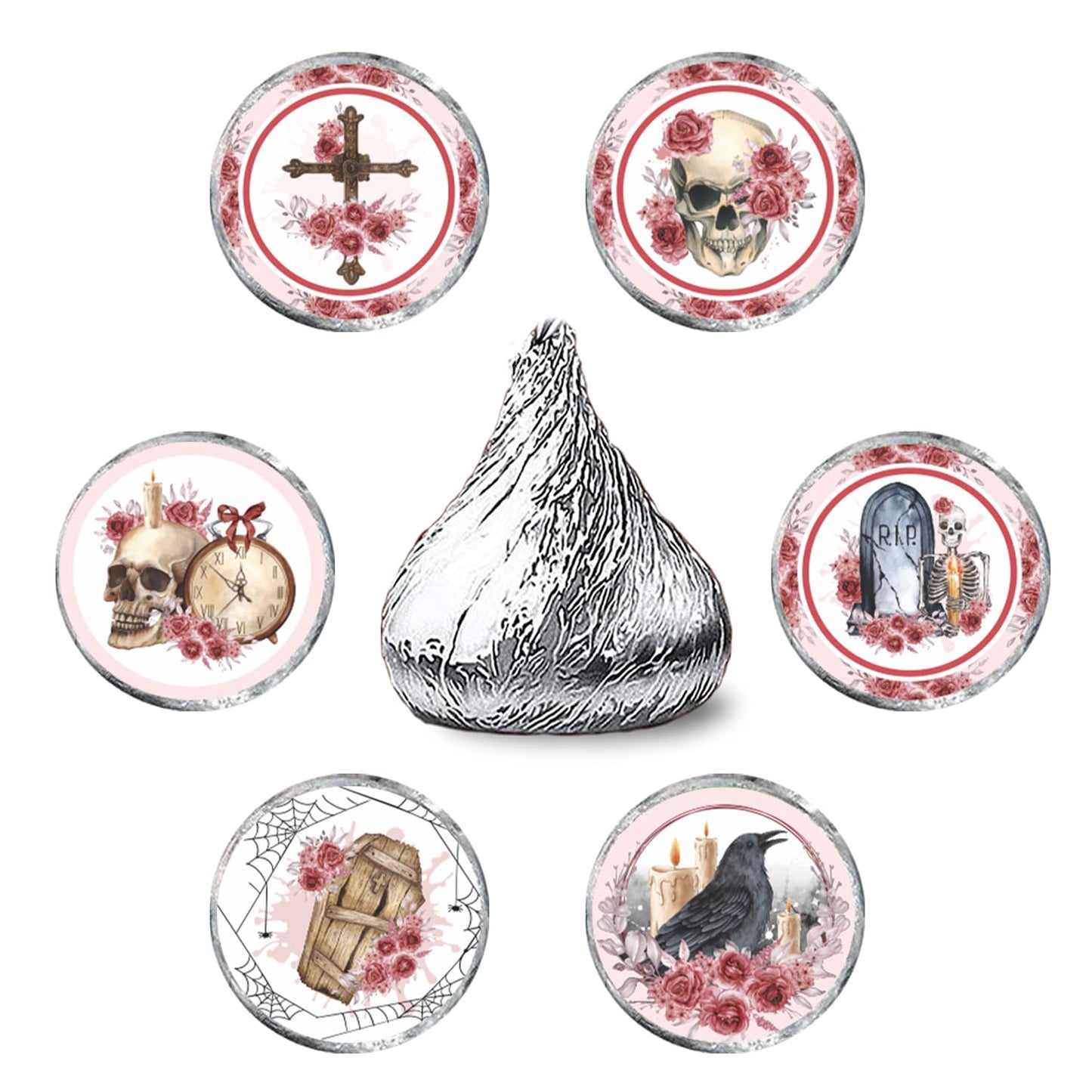 Gothic Kiss Sticker Labels - Floral Skull Round Candy Sticker Favors - Happy Halloween Party Labels Fit Chocolate Candy (Set of