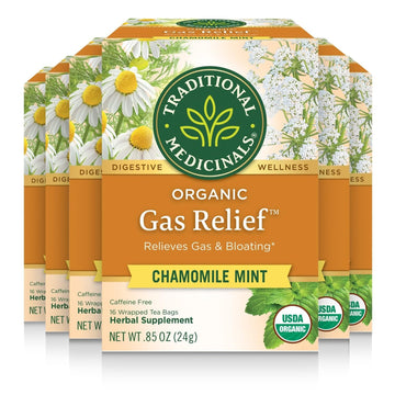 Traditional Medicinals Tea, Organic Gas Relief, Relieves Gas & Bloating, Chamomile Mint, 16 Count (Pack Of 6)