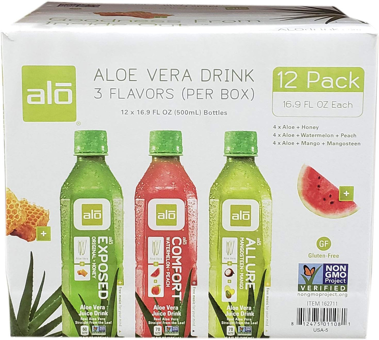 Alo Aloe Vera Drink 12 Pack Variety (Original + Honey, Watermelon + Peach, Mangosteen + Mango) 16.9 Oz Bottles