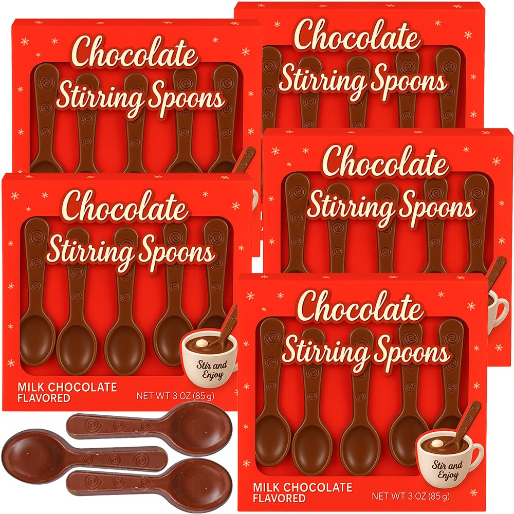 Milk Chocolate Candy Spoon Gourmet Edible Stirring Stick 25 Spoons - Melt In Cup Of Hot Chocolates Coffee Tea - Cocoa Bar Supply Holiday Gift Christmas Stocking Stuffer Treat - 5 Pack Tray