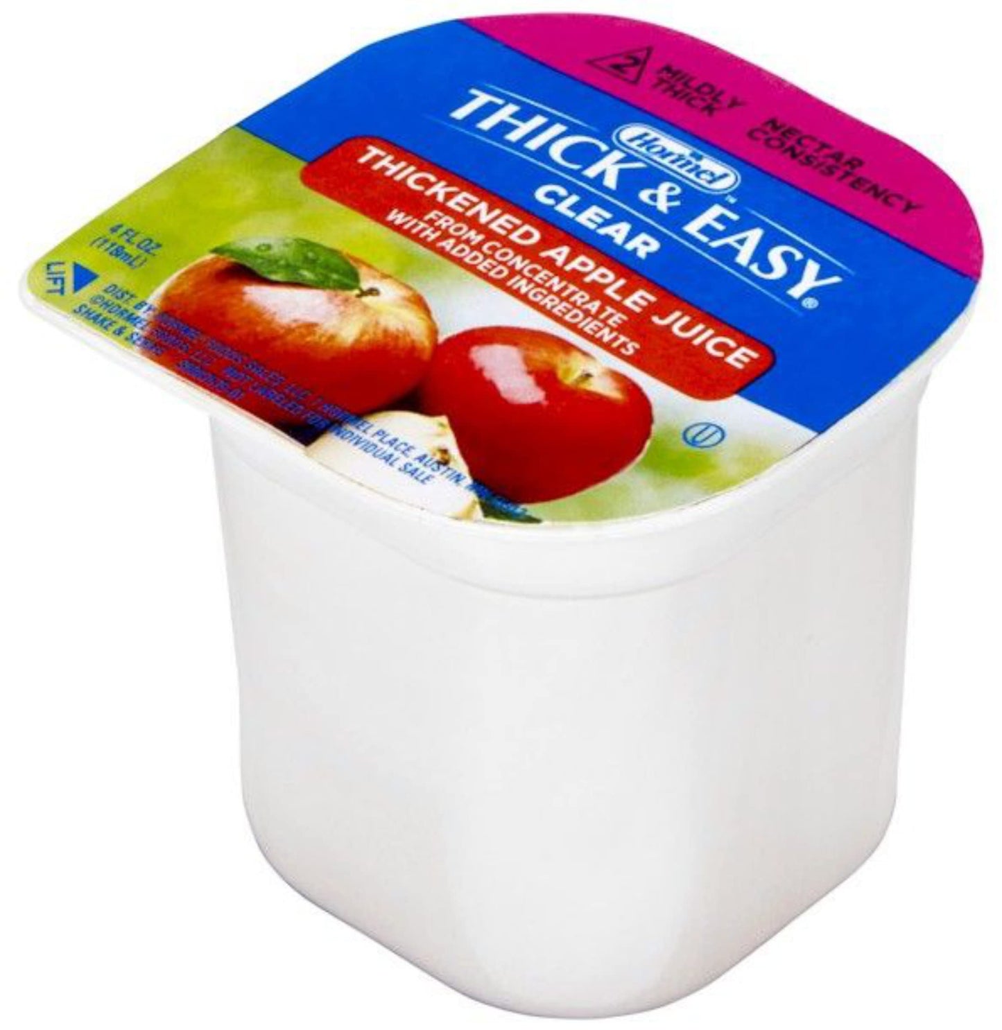Hormel Thick & Easy Apple Juice, Clear Single Serve Level 2 Nectar Consistency Thickened Beverage, 4 oz Cup (Pack of 24) with 4
