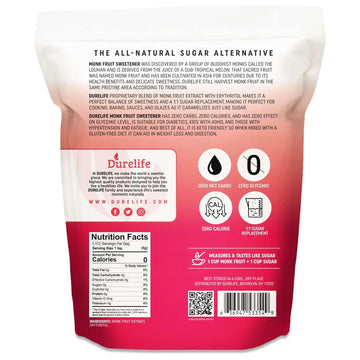 Durelife Golden Monk Fruit Sweetener, 1:1 Sugar Replacement, Keto Diet Friendly, Zero Calorie, Kosher Sugar Substitute Crystal,