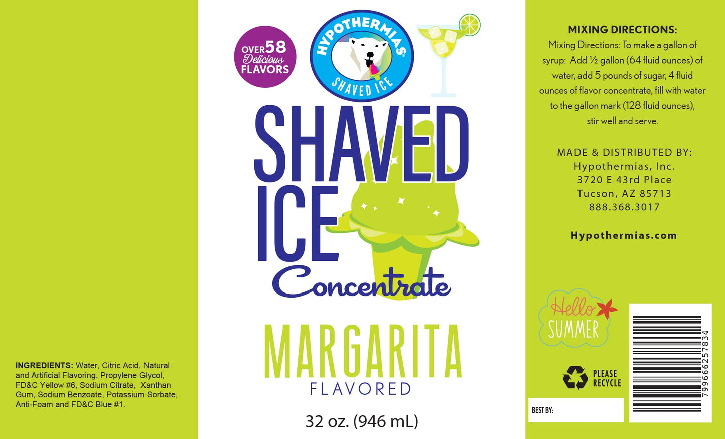 Hypothermias Shaved Ice Syrup Concentrate - Unsweetened Margarita Flavor - 32 Fl Oz - Makes 8 Gallons of Ready-to-Use Syrup