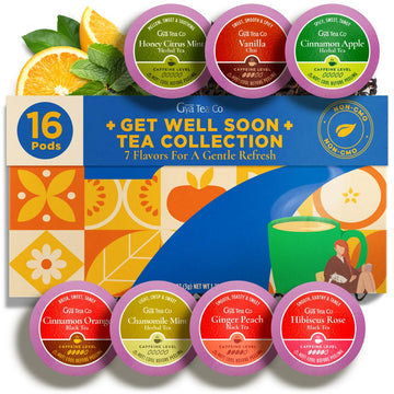 Gya Tea Co Get Well Soon Collection Tea Gift Set (16 ct) - 7 Flavors Assorted Tea Pod Variety Pack with Hibiscus Rose, Cinnamon