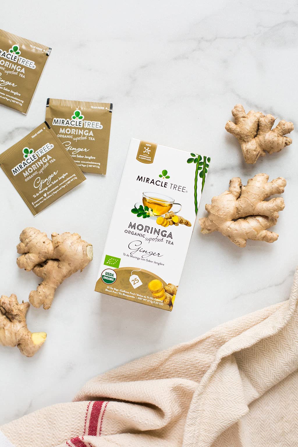 Tree Organic Moringa Superfood Tea, Ginger, 25 Individually Sealed Bags, Caffeine-Free, Vegan, Gluten-Free, Non-GMO