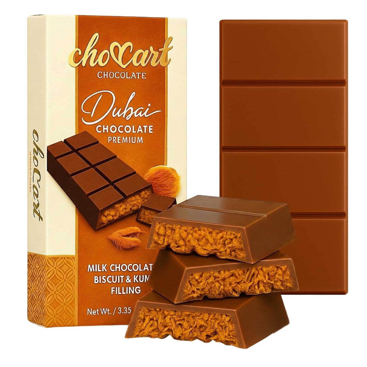 Choccart Dubai Chocolate - Top-Grade With Kunafa & Pistachio Filling - Viral Knafeh Chocolate Dessert Bar In Stylish Gift Box Rich Milk (95G / 3.35 Oz) - Made In Dubai (1 Pack Biscuit)
