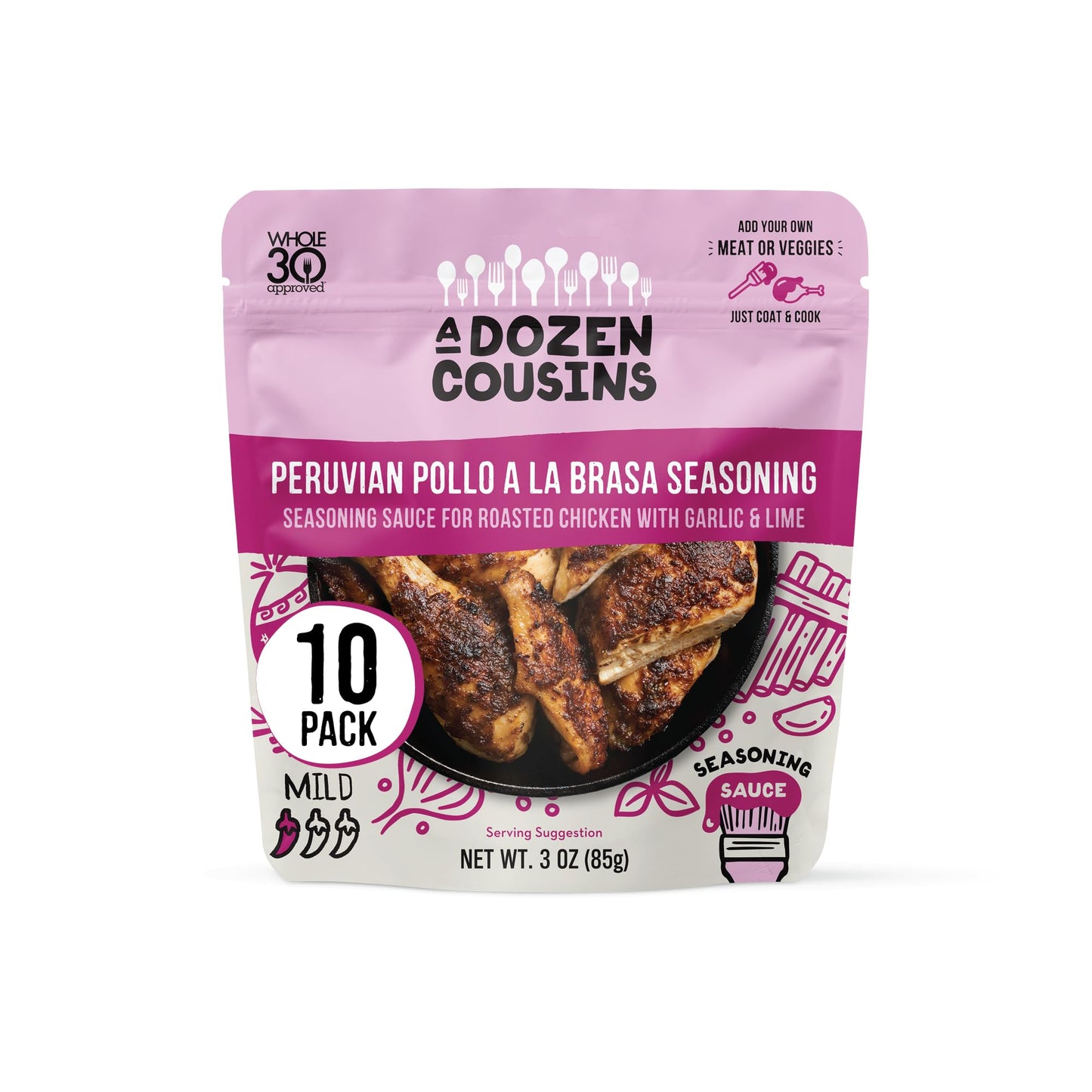 A Dozen Cousins Entrée Seasoning Sauce Marinade - Coat And Cook, For Chicken Seasoning, Bbq, Protein & More - 10 Pack - Peruvian Pollo A La Brasa Seasoning Sauce With Garlic And Lime (3 Oz Each)