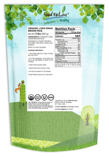 Food To Live Organic Long Grain Brown Rice, 2 Pounds - Non-Gmo, Whole Grain, Raw, Non-Irradiated, Kosher, Vegan, Bulk. Chewy Tex