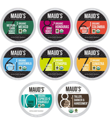 Maud s Organic Coffee Pods Variety Pack, 56 ct, 8 Assorted Flavors, Recyclable Single Serve Pods - 100% Arabica Coffee, Compati