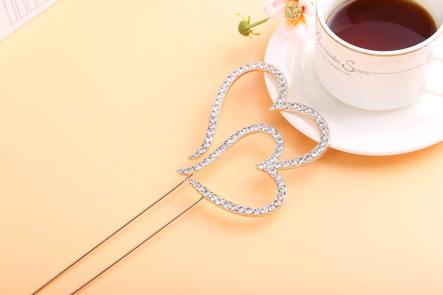 LOVENJOY Double Hearts Cake Topper, Rose Gold, Crystal Rhinestones, 3.5 Inches, Model GA-TH0100A-R