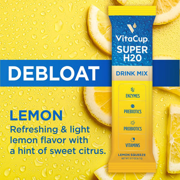 Vitacup Super H2O Bloating Relief And Digestive Health Drink Mix Packets, Probiotics, Prebiotics, C & B Vitamins, Lemon Flavor W