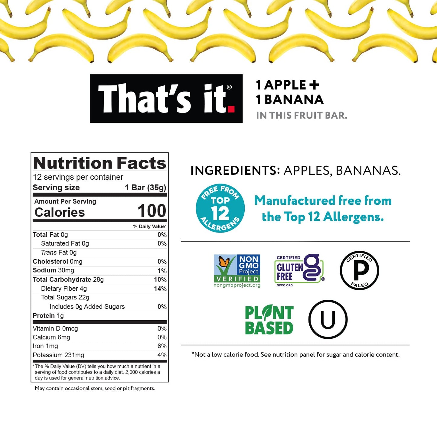 Thats it Apple + Banana 100% Natural Real Fruit Bar, Best High Fiber Vegan, Gluten Free Healthy Snack, Paleo for Children & Adu