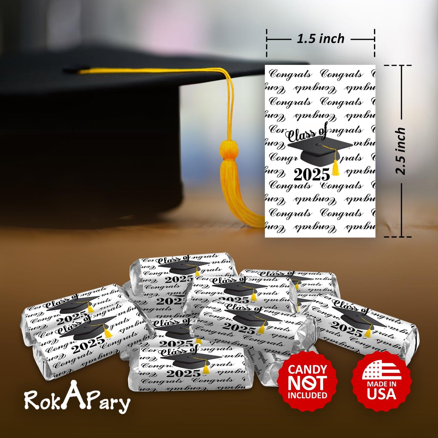 60 Graduation Cap Party Class Of 2025 Miniatures Candy Bar Wrapper, (Set Of 60) Mini Candy Chocolate Bar Stickers, Labels, Candy