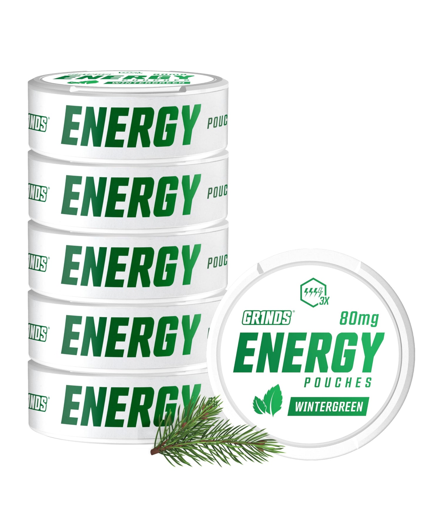 GRINDS Energy Pouches - Natural Caffeine with B-Vitamins - 80mg Caffeine - Wintergreen - 6 Pack, 15 Pouches Per Can