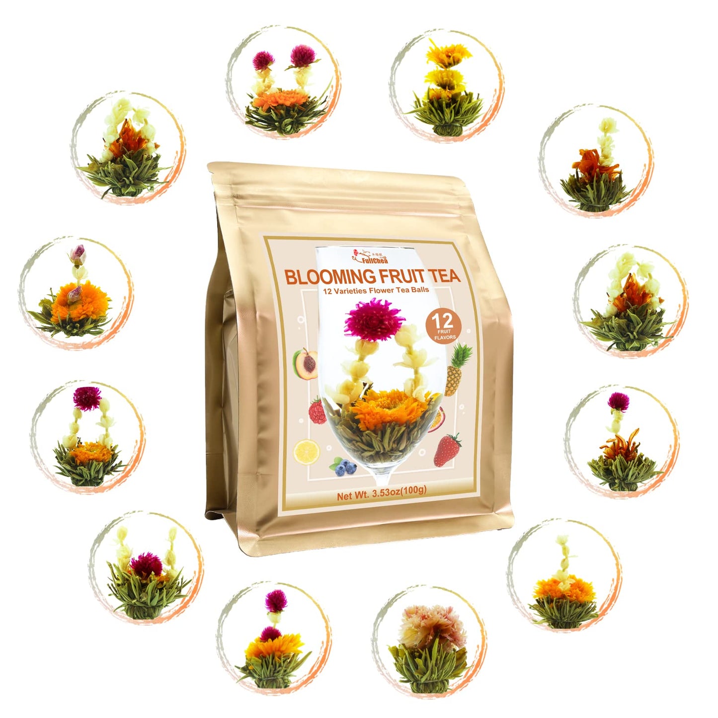 Fullchea - Blooming Flowering Tea, 12 Unique Varieties - Flowering Tea In 12 Delicious Fruit Flavors - Gift For Tea Lovers, Christmas, Anniversary, Valentine, Birthday