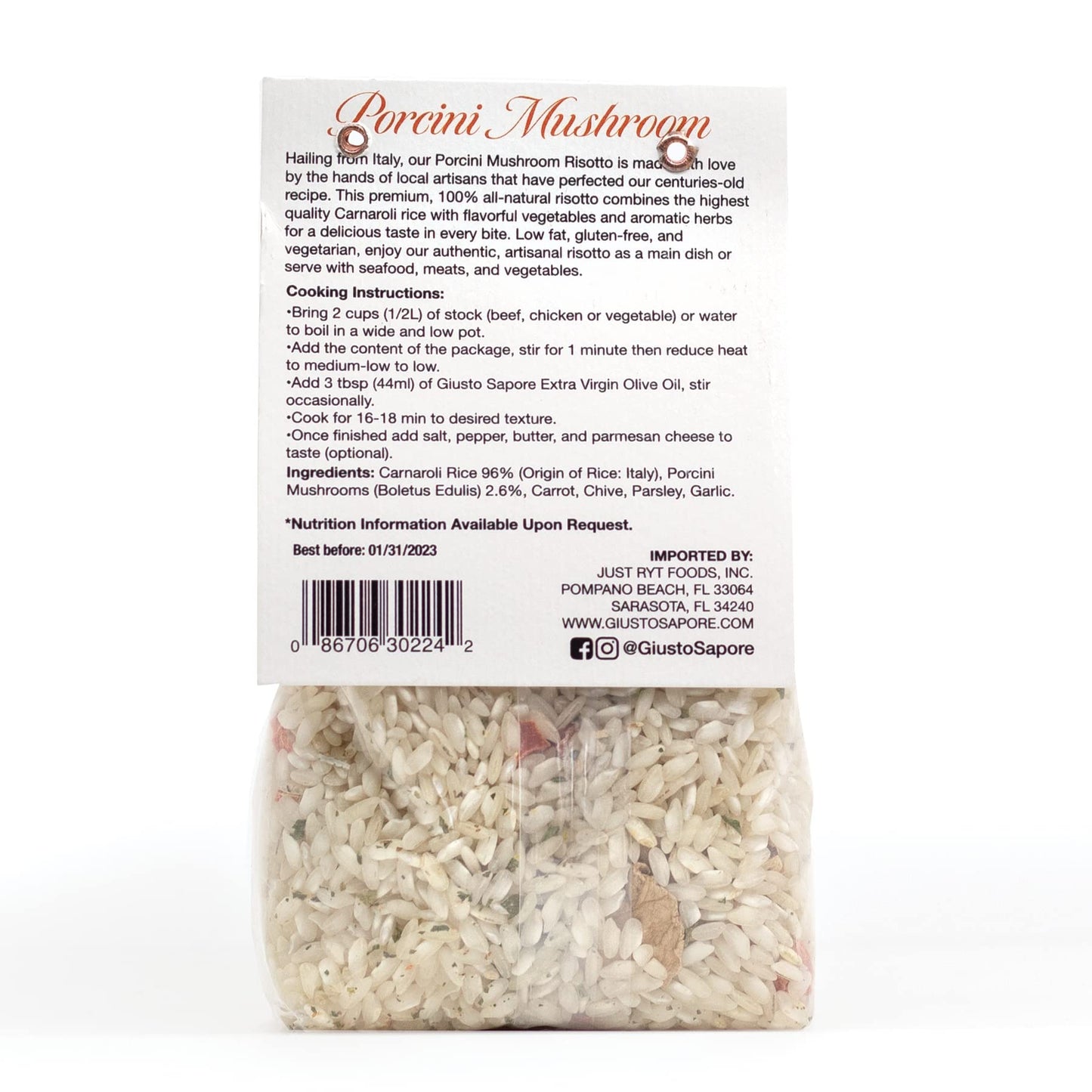 Giusto Sapore Italian Risotto - Porcini Mushroom - All Natural, Gluten Free, No Added Salt - Premium Gourmet 3-4 Serving Size, 8.81 Oz - Imported From Italy And Family Owned