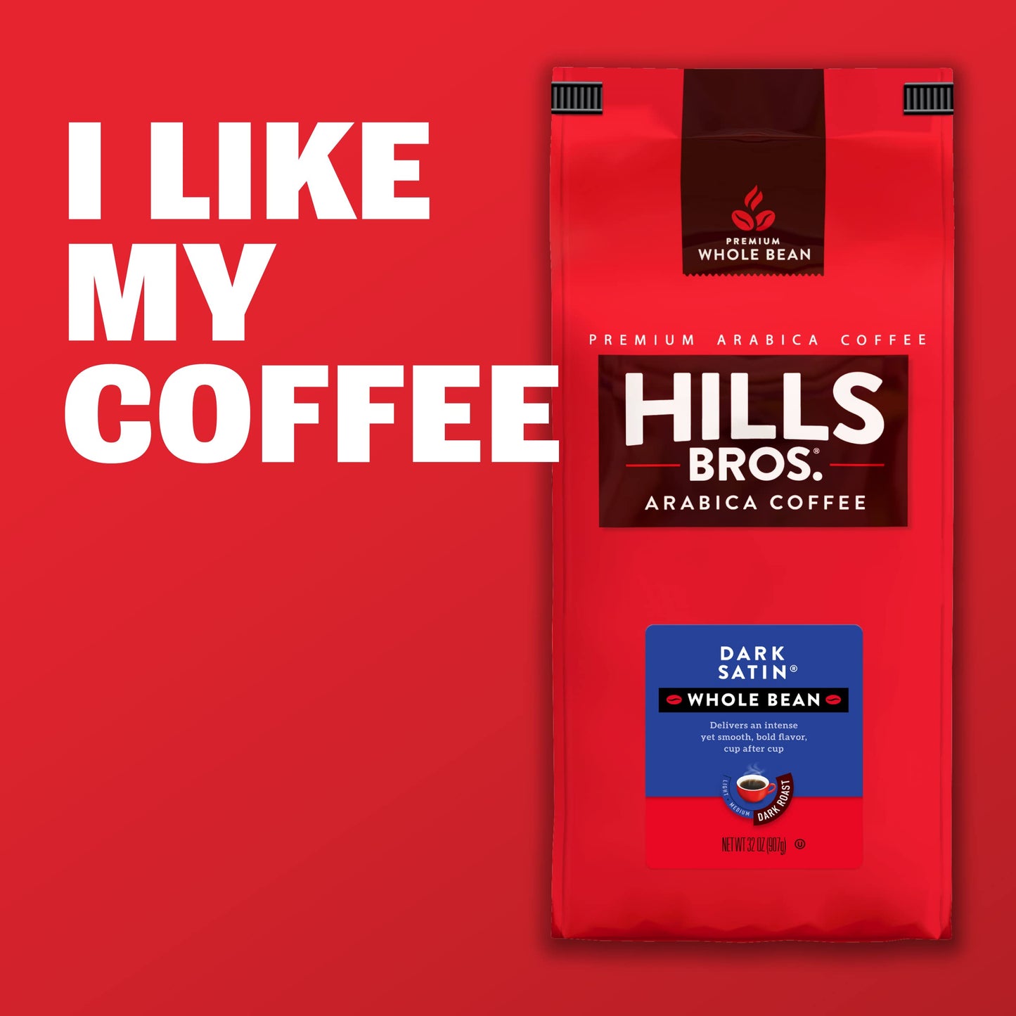 Hills Bros Dark Satin Whole Bean Coffee, Dark Roast - Arabica Coffee Beans - Full-Bodied Dark Blend Coffee With Bold Flavor, Int