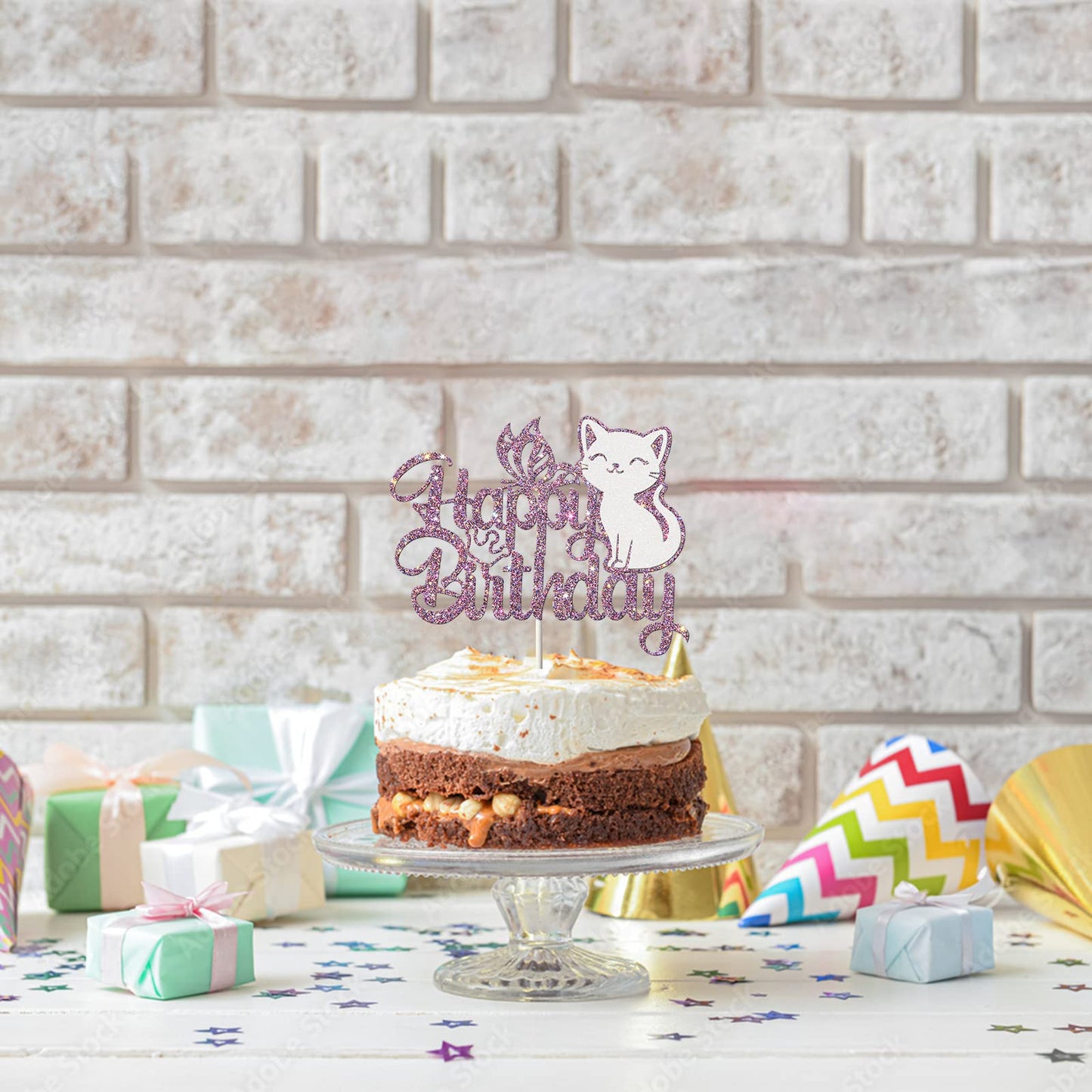 Ambishi Cat Birthday Cake Topper - Purple & White Glitter, Butterfly Design, Model AB-122, Pet Themed Decoration for Parties