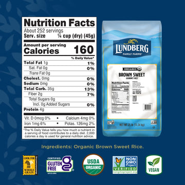 Lundberg Organic Sweet Brown Rice - Short Grain Rice, Slightly Sweet, Nutty & Sticky Rice, Healthy Food, Vegan, Pantry Staples,