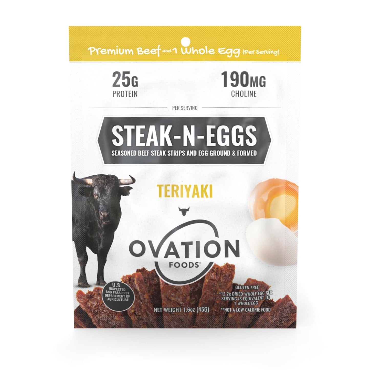 Ovation Foods Steak-N-Eggs Beef Layers Zero Sugar High-Protein Jerky (25G Top-Grade Protein) Gluten Free Keto Paleo 1.6Oz Bag (4 Count) - Teriyaki