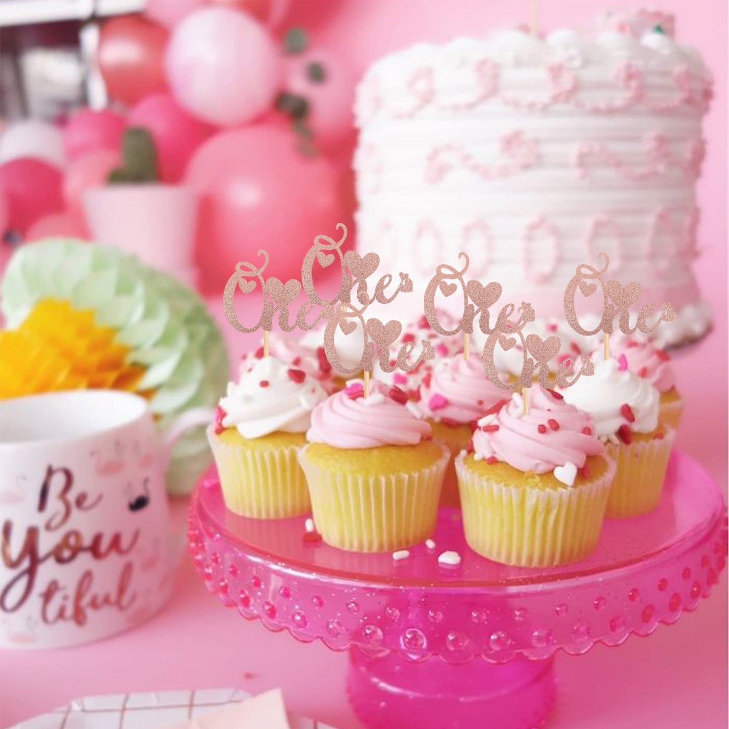 24 Pcs One Cupcake Toppers With Love Glitter Valentine'S Day 1St Birthday Cupcake Picks Decorations For Wedding Anniversary Baby