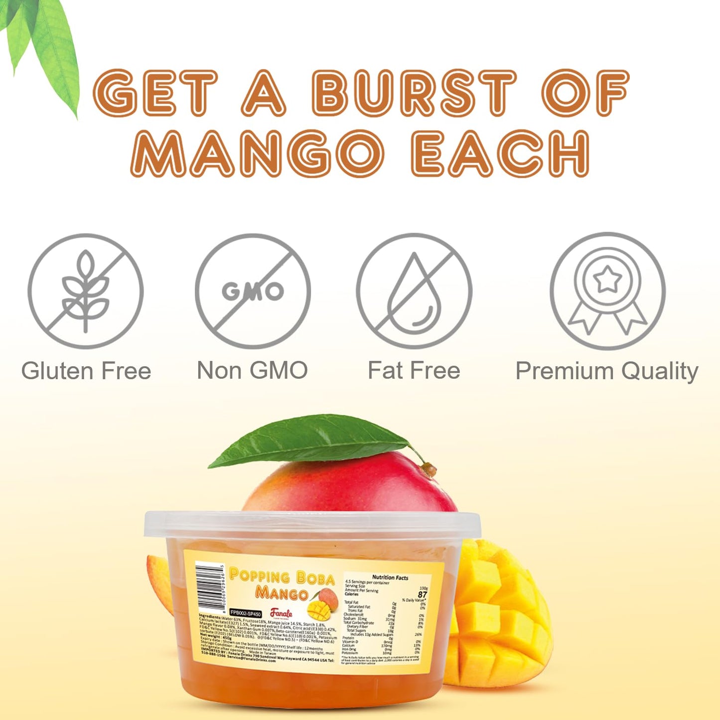 Fanale Mango Popping Boba Pearls, Vegan, Non Gmo, Gluten Free, Fat Free, Perfect For Bubble Tea, Smoothies, Ice Cream, Desserts,