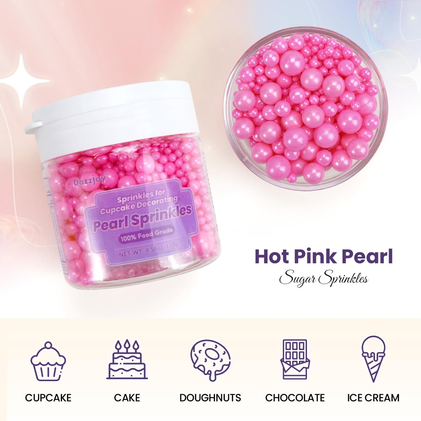Dazzjoy Edible Hot Pink Pearl Sprinkles, Edible Sugar Candy, 130G/4.58Oz, Pink Ball Pearls For Cake Decorating, Cupcake Toppers