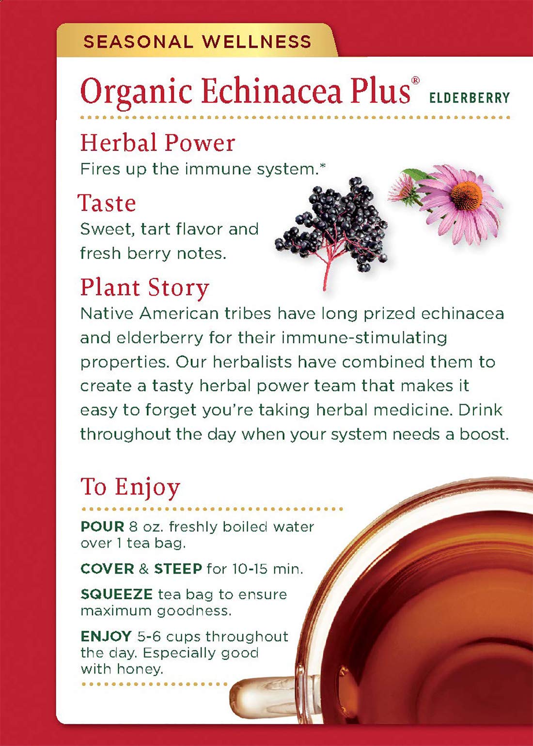 Traditional Medicinals Organic Echinacea Plus Elderberry Herbal Tea, Promotes Immune Function, (Pack Of 1) - 16 Tea Bags