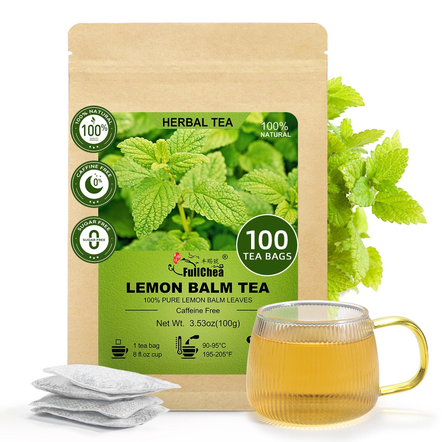 Fullchea - Lemon Balm Tea Bags 100 Count - Pure & Natural Dried Lemon Balm Leaves - Melissa Officinalis - Energy Blend-Free Herbal Tea For Relaxation - Non-Gmo