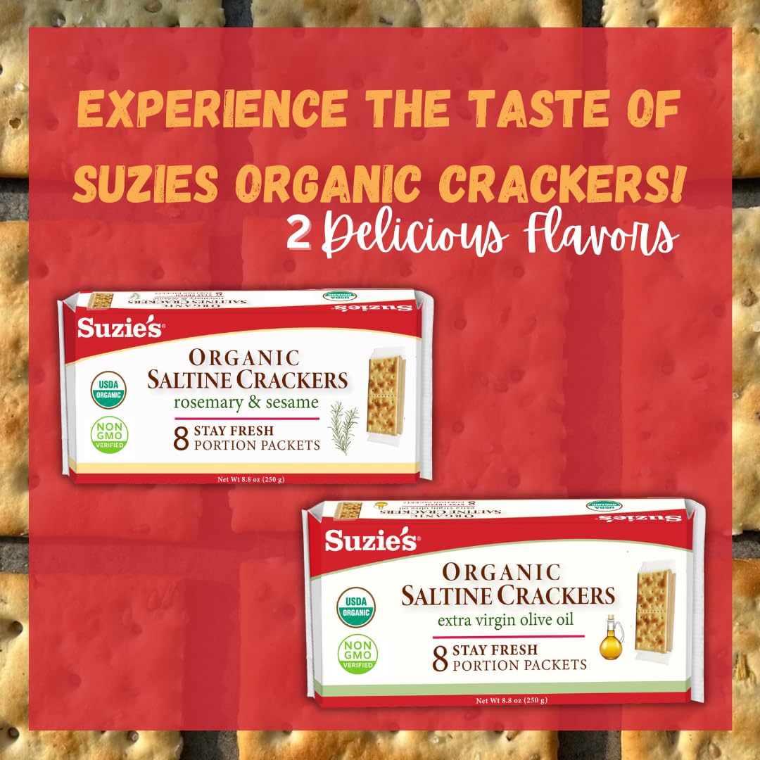 Suzie'S, Organic Saltines Crackers, Salted W/ Extra Virgin Olive Oil, Healthy Gourmet Baked Snack Goodies For Adults & Children