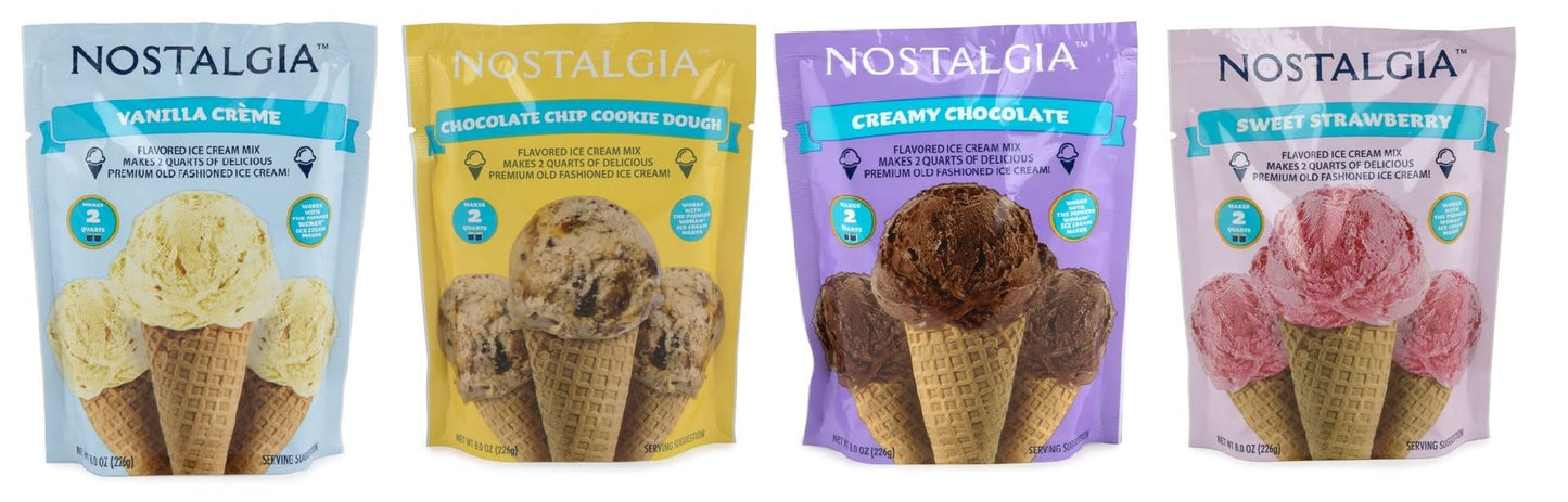 Nostalgia Ice Cream Mix. Vanilla Creme, Creamy Chocolate, Sweet Strawberry And Chocolate Chips Cookie Dough. Each Pocket Of 8 Oz