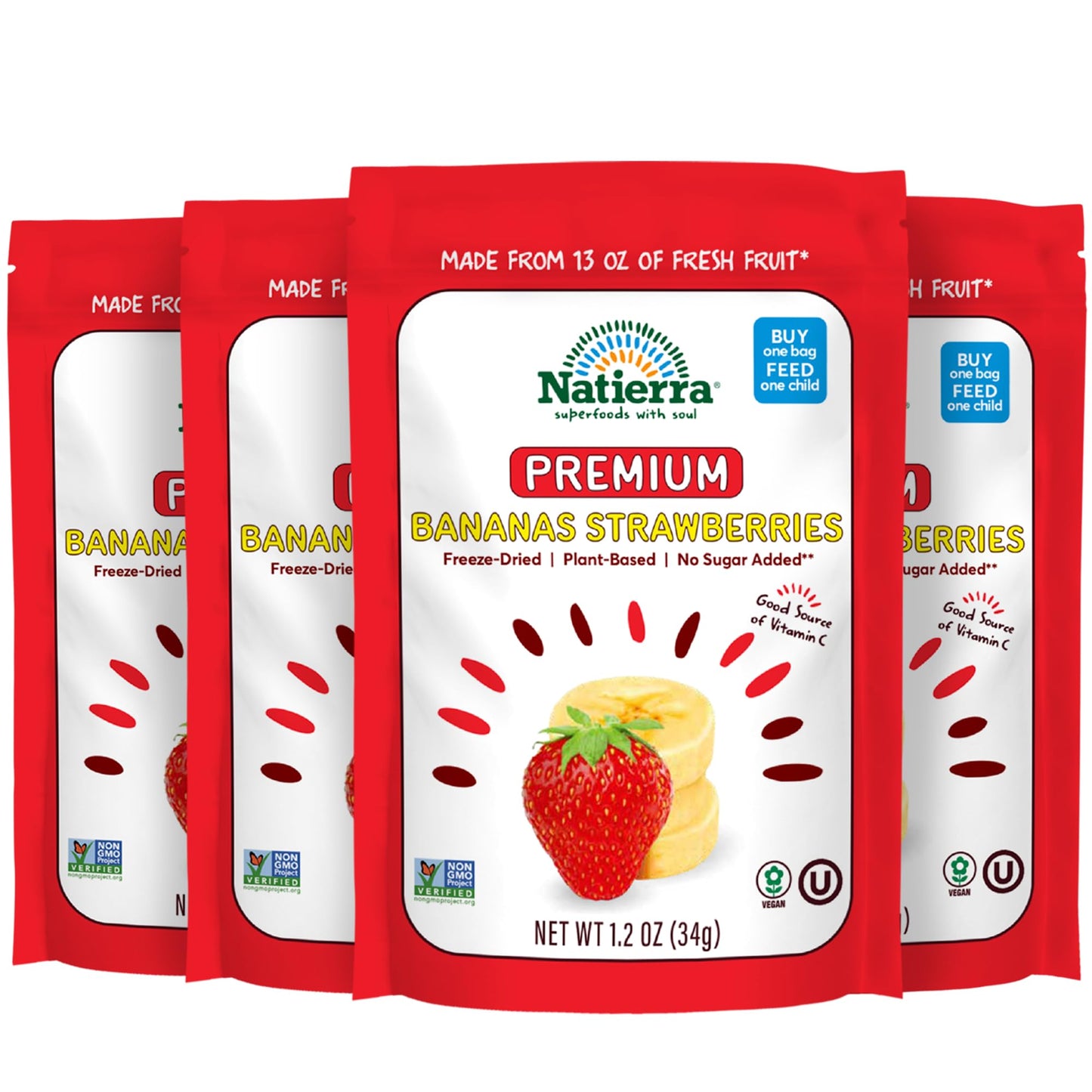 NATIERRA Premium Freeze-Dried Bananas and Strawberries | Non-GMO & Vegan | 1.2 Ounce (Pack of 4)
