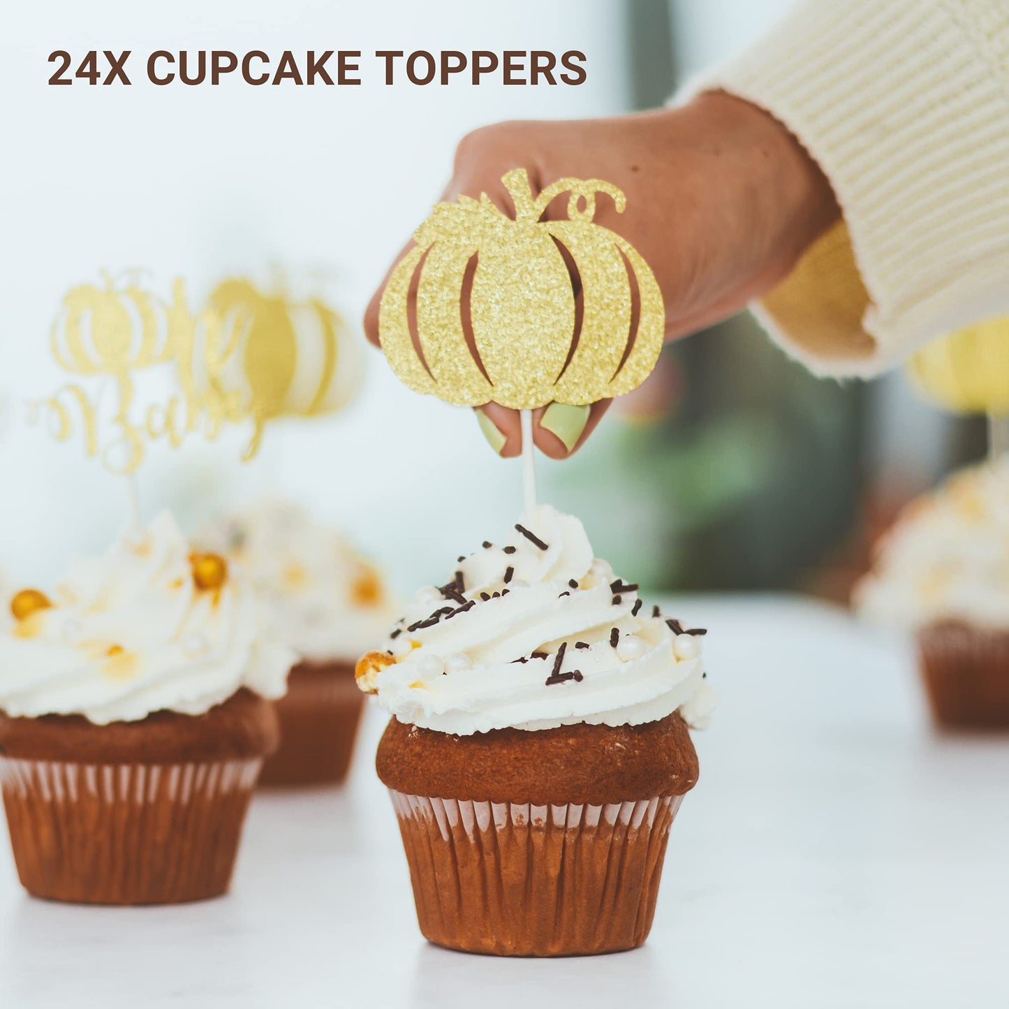 Bestus Pumpkin Cupcake Toppers Set, 25pcs Glitter Cardboard, Gold, for Birthday, Baby Shower, Thanksgiving, Halloween Decorations