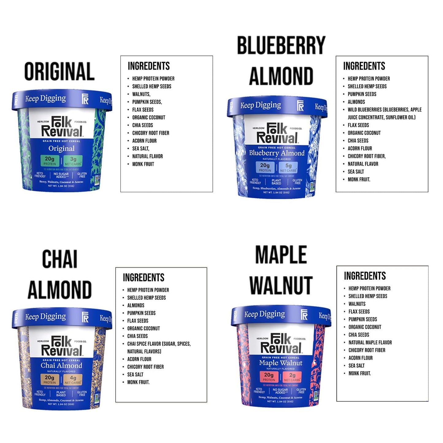 Folk Revival Keto Instant Oatmeal Variety Pack - 20G Of Protein, Low Carb, High Fiber, 2 Blueberry, 2 Maple Walnut, 1 Chai Almon